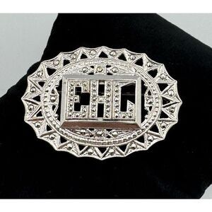 Vintage Sterling Silver Marcasite Monogram Signet EHL Oval Brooch Pin Estate